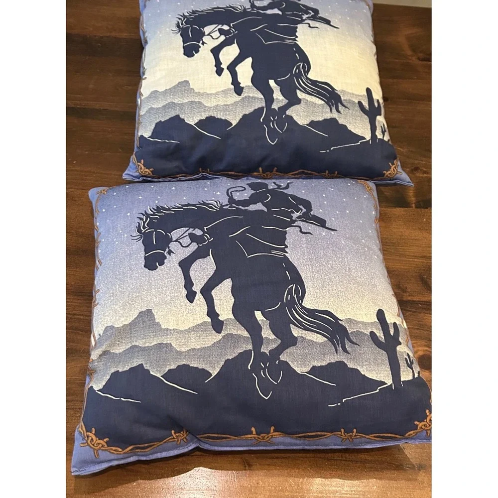 Vintage Western Cowboy Bucking Bronco Throw Pillows Blue Desert Silhouette Set‎